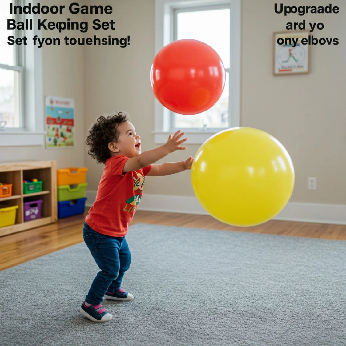 Ball keeping Child using hands and feet to keep a ball in place during an active play game