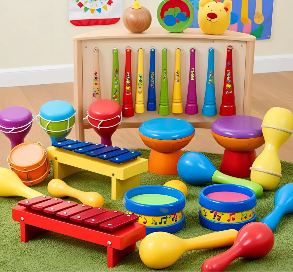 xploring Musical Instruments Through Playation Children playing with assorted musical instruments including drums, maracas, and xylophones on a play mat.