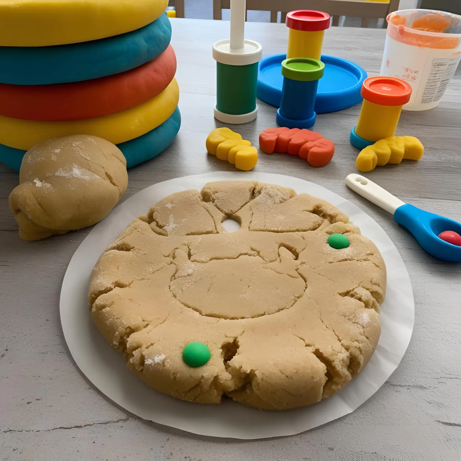 Scented Play Dough for Sensory Fun Colorful balls of scented play dough arranged on a table with natural scent ingredients like cinnamon sticks and lemon slices.