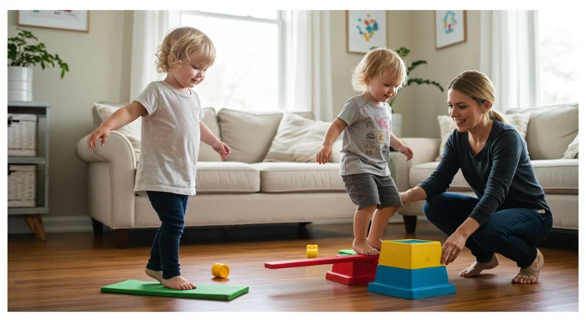 Toddler balancing on a line of tape in a living room while smiling and stretching arms for balance