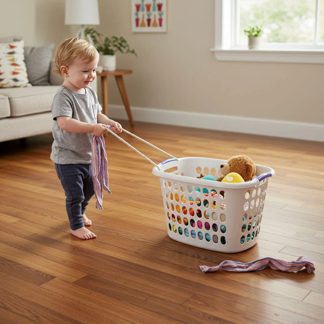 The Laundry Basket Pull Toddler pulling a laundry basket filled with toys across the floor during a strength-building game.