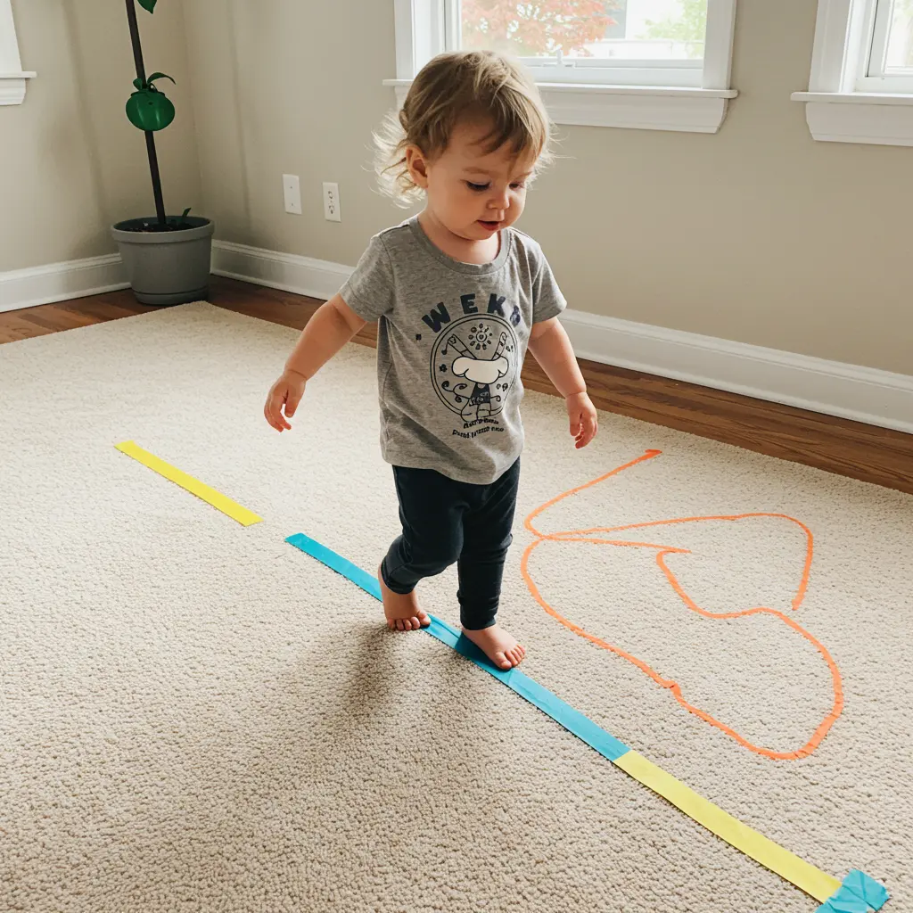 The Tape Balance Beam Child walking carefully on a colorful tape balance beam on the floor during indoor play
