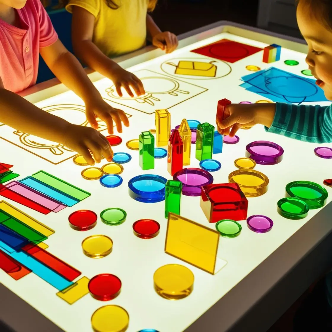 Illuminated Discoveries: The Wonder of Light Table Exploration Accessible description capturing the key visual elements, including the child's position, the materials being used, and the effects created on the light table