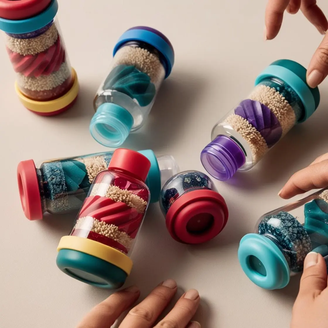 Symphony in a Bottle: Exploring Auditory Sensory Play Accessible description capturing the key visual elements, including the main bottle being used and the variety of other bottles displayed