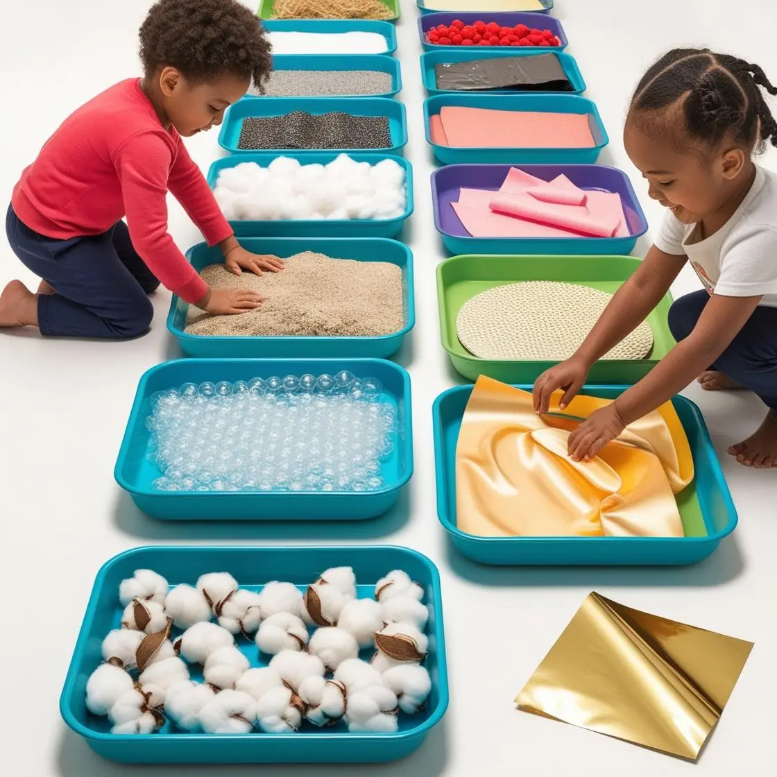Stepping Sensations: Exploring the Tactile Path Accessible description capturing the key visual elements, including the different textures in the walkway and the child's careful interaction with them
