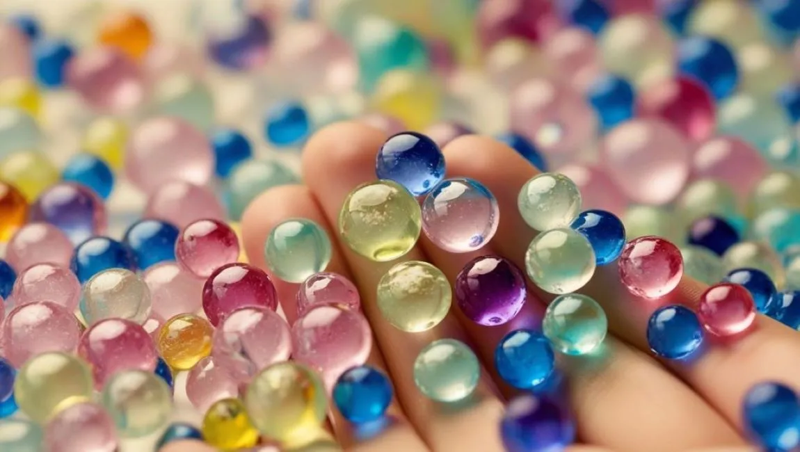Sensory Spheres: The Magical World of Water Beads Detailed yet concise description making the image accessible to screen reader users, focusing on the key visual elements and actions