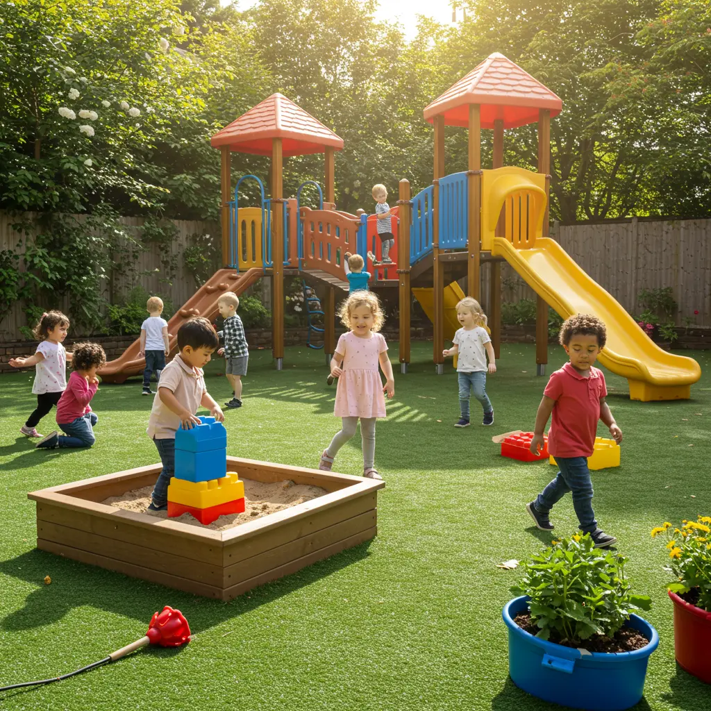 Preschoolers running and laughing while playing outdoor games in a sunny park