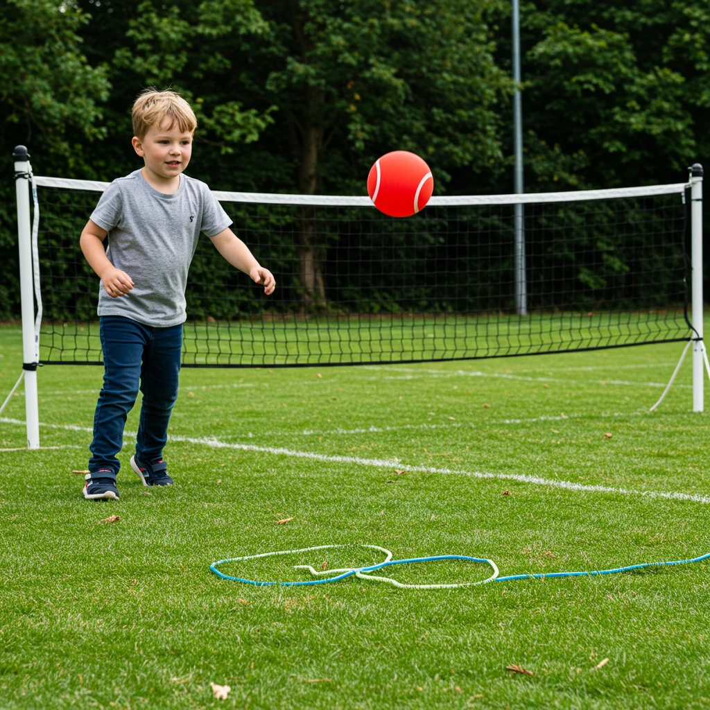 Preschoolers playing balloon tennis with paddles in a backyard