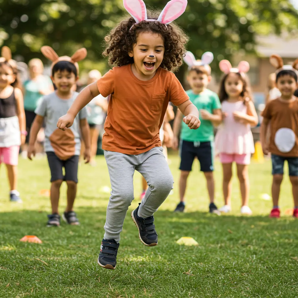 Preschoolers racing while imitating animal movements like frogs and crabs