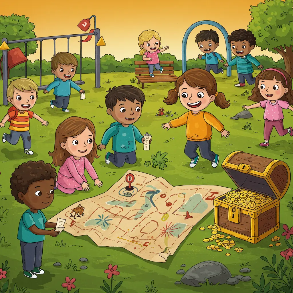 Preschool children searching for hidden treasures in an outdoor scavenger hunt