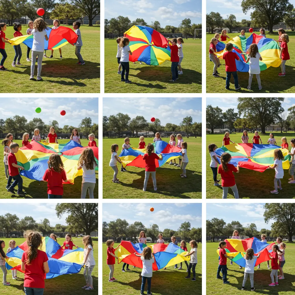 Child  playing with a colorful parachute during group playtime