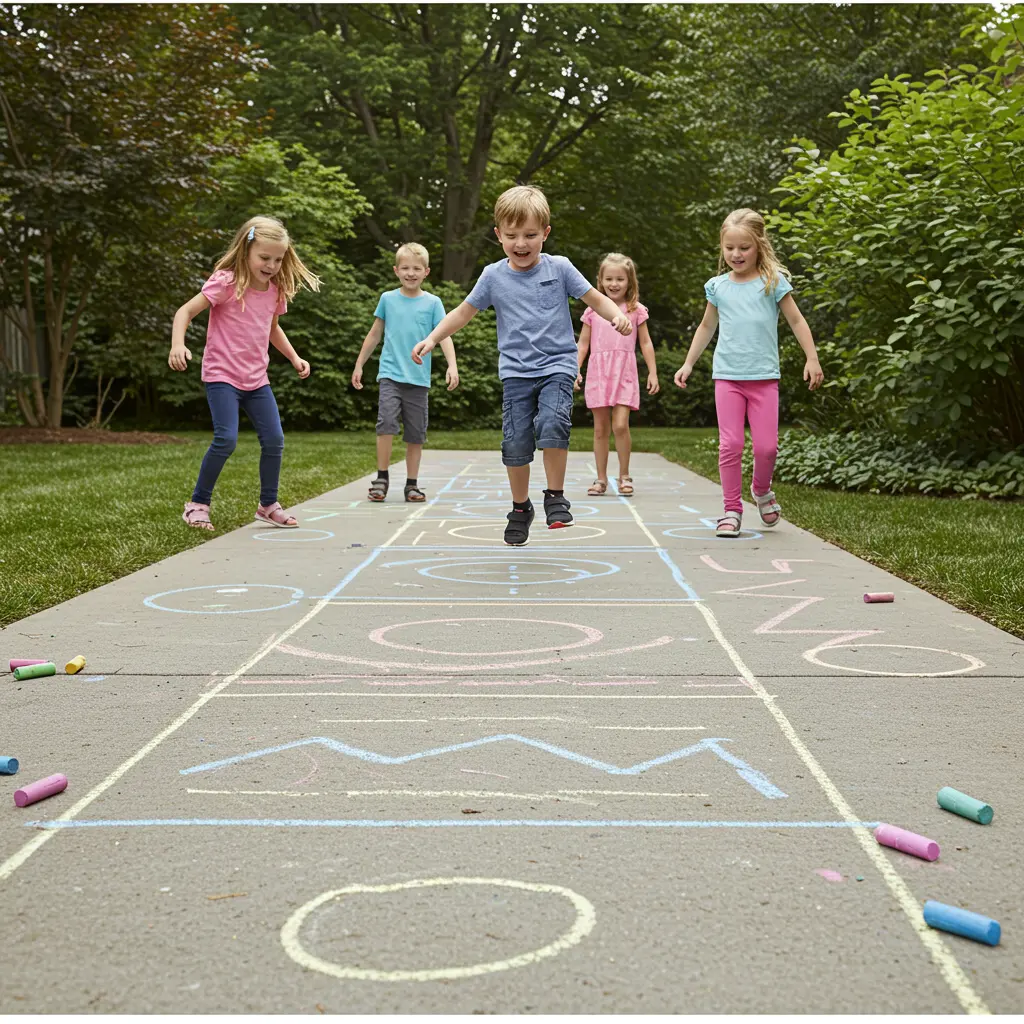 Preschool child jumping through a sidewalk chalk obstacle course