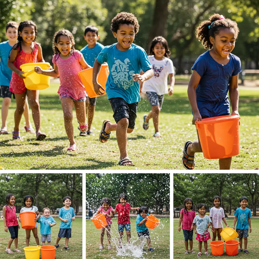 Kids racing with cups of water in a sunny backyard game