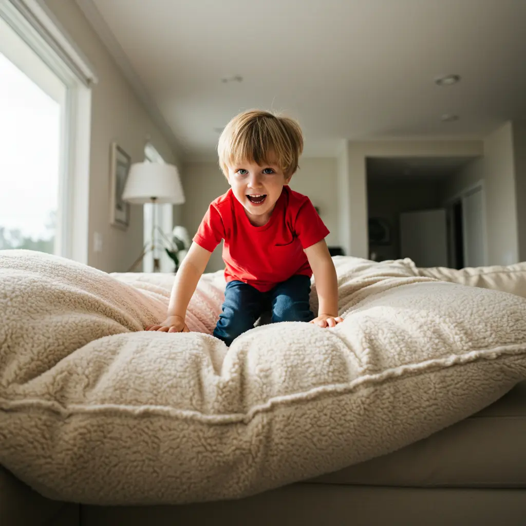 Couch Cushion Climbing – Fun Indoor Activity for Toddlers Toddler climbing on stacked couch cushions during indoor playtime