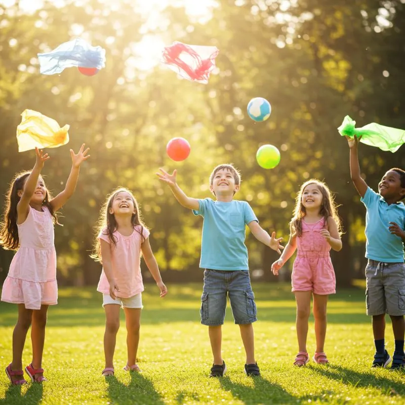 Throwing and Catching Activities with Scarves and Balloons for Toddlers Preschooler tossing a colorful scarf in the air while practicing catching skills.