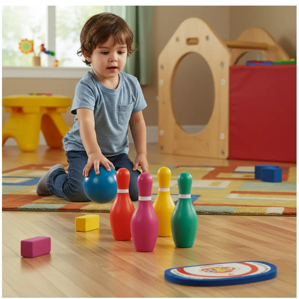 Indoor Bowling Game for Toddlers Using Soft Targets Toddler playing indoor bowling with soft pins made from plastic bottles and a lightweight ball