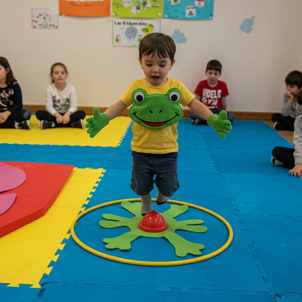 Animal Movement Game for Toddlers: Wiggle Like a Worm, Leap Like a Frog Toddler imitating animal movements by wiggling like a worm and leaping like a frog indoors