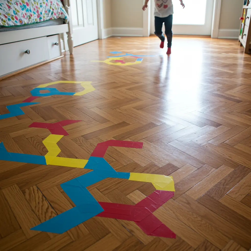 Indoor Tape Floor Activity: Paths, Shapes, and Mazes for Toddlers Toddler walking along colorful tape lines on the floor shaped into paths, zigzags, and simple mazes