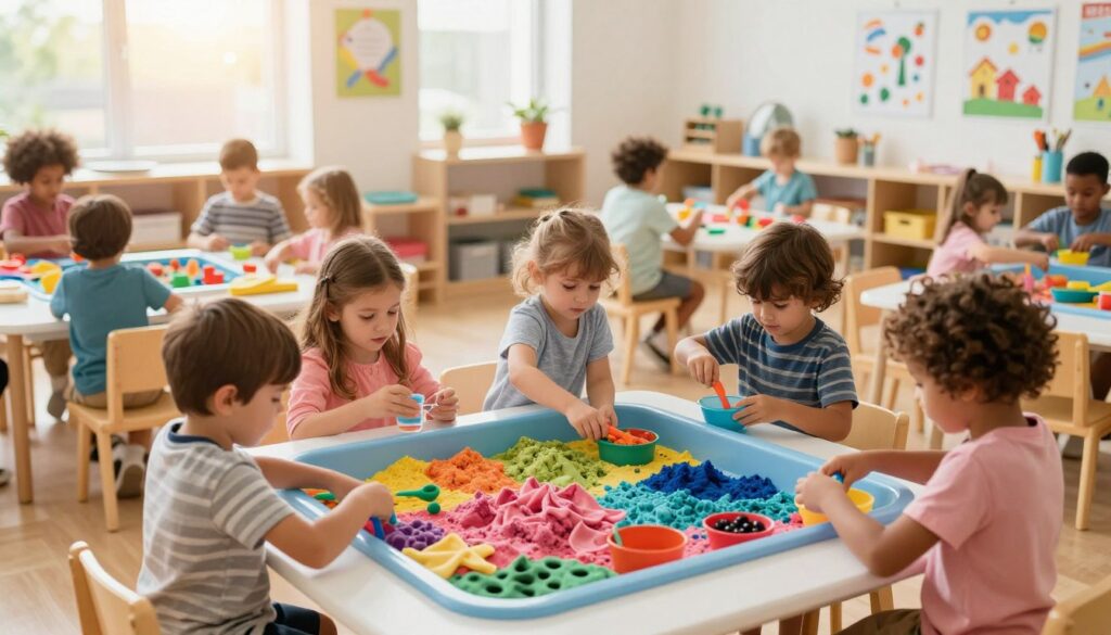 Preschool children engaging in sensory play activities with colorful materials, exploring textures and developing creativity in a bright classroom environment.