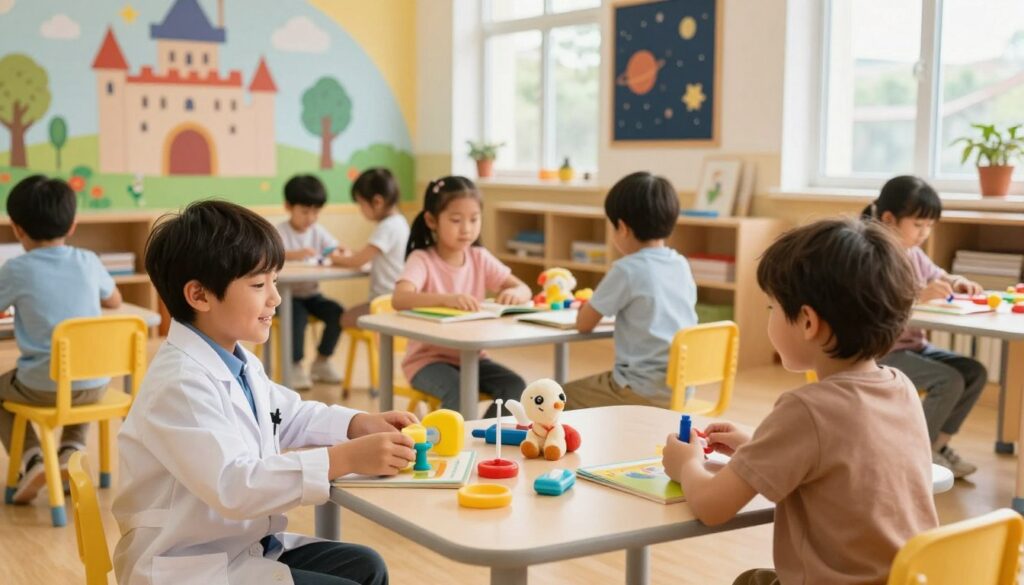 Children engaging in imaginative role play in a colorful classroom using costumes, picture books, and toys to develop communication and language skills.