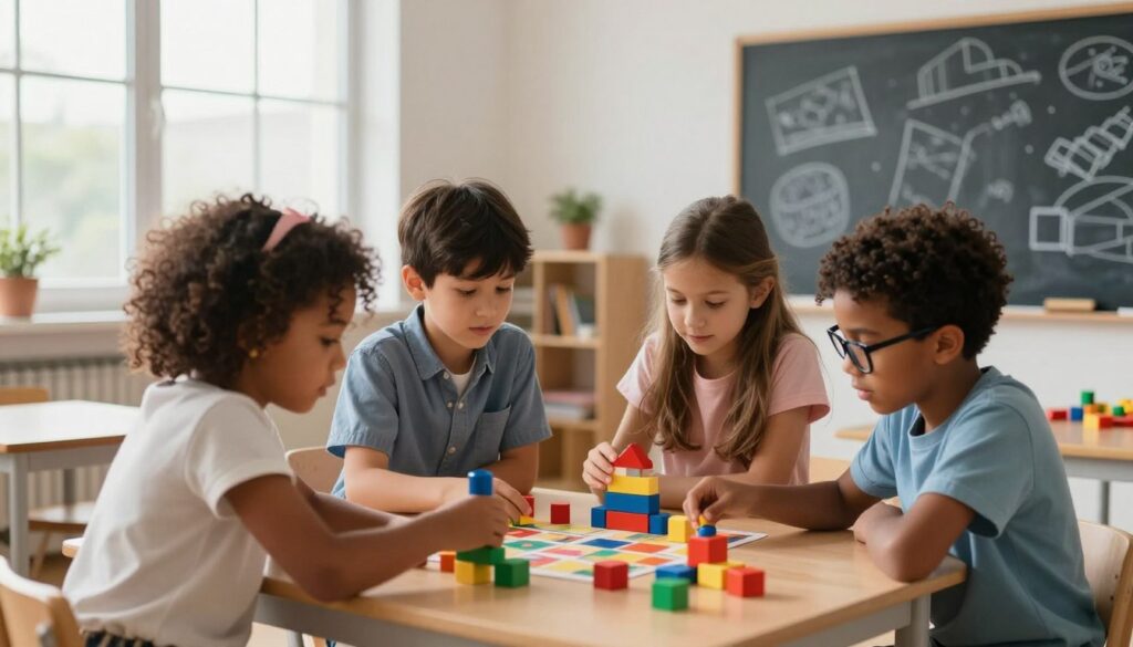 Collaborative Imaginative Play in the Classroom Diverse children collaborating in a classroom, building with colorful blocks and engaging in imaginative play that supports critical thinking and creativity