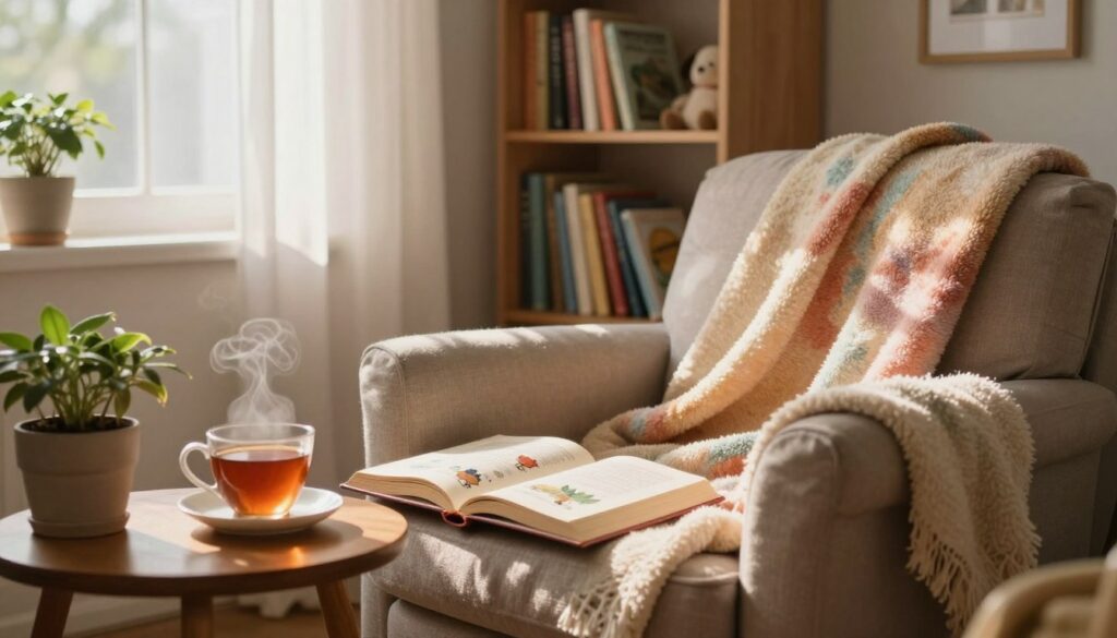 A cozy reading nook nestled in a sunlit corner of a well-decorated room, featuring a plush armchair draped with a soft, colorful blanket. The foreground shows an open book with whimsical illustrations and a steaming cup of tea on a small wooden side table. In the middle, a bookshelf filled with a variety of storybooks and soft toys adds charm. The background reveals a window with flowing sheer curtains allowing warm sunlight to filter in, casting gentle shadows across the scene. A potted plant sits on the windowsill, enhancing the sense of tranquility. The atmosphere is inviting and serene, perfect for storytelling. The image is captured with a slightly blurred focus, emphasizing the warmth and coziness of the nook.
