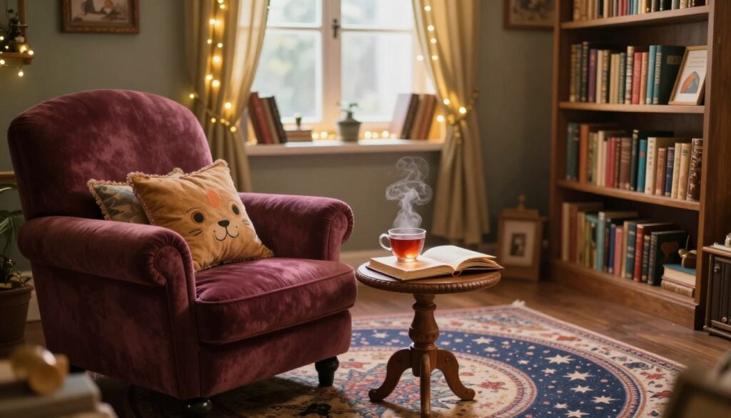 A cozy storytelling corner filled with enchanting furniture essentials. In the foreground, a plush, oversized armchair in rich, deep colors, adorned with whimsical cushions that invite comfort. A small, intricately carved wooden side table holds a steaming cup of tea and an open storybook. In the middle, a soft area rug with a starry pattern anchors the ambiance, surrounded by a collection of colorful, overflowing bookshelves filled with classic tales and fairy stories. In the background, a softly glowing fairy light garland drapes across a window, illuminating the space with a warm, inviting light. The scene is tranquil and magical, evoking a sense of wonder and possibility, perfect for fostering creativity and imagination. Use soft focus to enhance the dreamlike quality of the image.