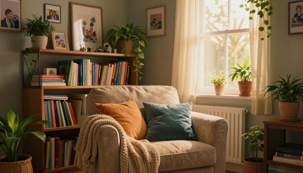 A cozy storytelling corner in a beautifully decorated room, filled with imaginative home decor projects. In the foreground, a plush, oversized armchair adorned with colorful throw pillows invites relaxation, while a handmade knitted blanket drapes over one side. The middle ground features a whimsical bookshelf overflowing with colorful storybooks, framed art made from personal photos, and indoor plants that bring life to the space. The background showcases a softly illuminated window with sheer curtains, allowing golden sunlight to filter through, creating a warm and inviting atmosphere. The entire scene is captured with a soft focus lens effect, enhancing the magical mood of the corner.