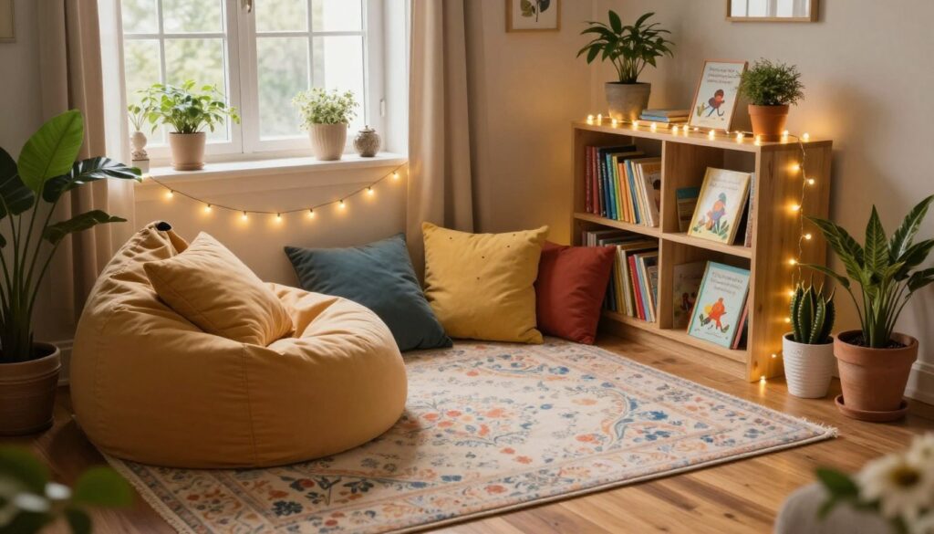 A cozy storytelling corner set in a warm, inviting living room. In the foreground, a plush, oversized bean bag sits surrounded by colorful cushions, inviting relaxation. A small, decorative bookshelf filled with children's books and fairy tales is to the side. In the middle, a soft, patterned rug lays on the wood floor, and fairy lights are strung overhead, casting a gentle, twinkling glow. Around the space, plants in decorative pots add a touch of nature. In the background, a window lets in soft morning light, creating a serene atmosphere. The scene evokes a sense of wonder and imagination, perfect for inspiring stories. Capture this inviting space from a slightly elevated angle, emphasizing the warm colors and cozy layout.