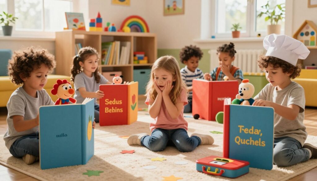 Children developing language and vocabulary skills through imaginative play with puppets, storybooks, and creative role-play activities in a colorful playroom.