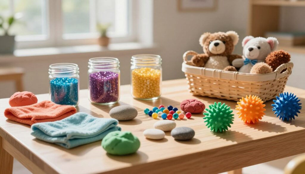 Collection of sensory play materials including colorful playdough, textured fabrics, sensory balls, smooth stones, and glittering sand arranged on a wooden table.