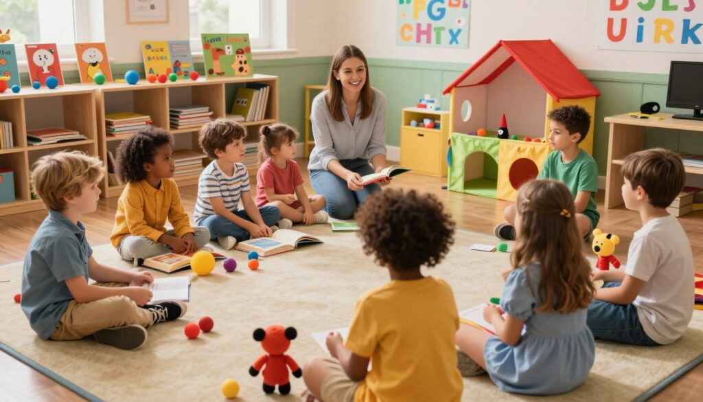Children enhancing language and early literacy skills through imaginative role play, storytelling, and puppet activities in a colorful classroom.