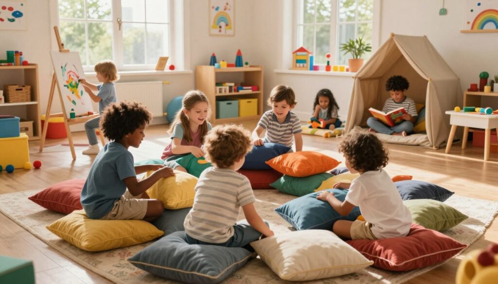 Imaginative Play Activities That Support Children’s Cognitive Development Children engaged in imaginative play building a pillow fort, painting, and reading in a colorful playroom filled with educational toys and natural light