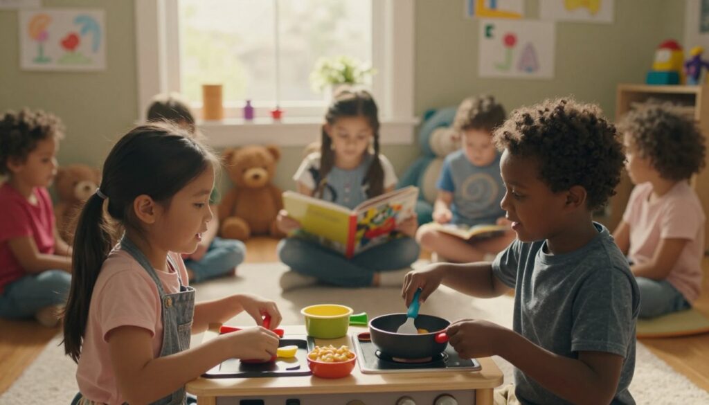 Children improving communication and language skills through imaginative play, storytelling, and pretend cooking activities in a warm indoor playroom.