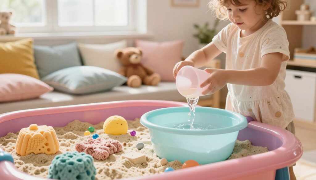 Child exploring sensory play materials including water beads, kinetic sand, and fabric textures in a bright and engaging indoor learning environment.
