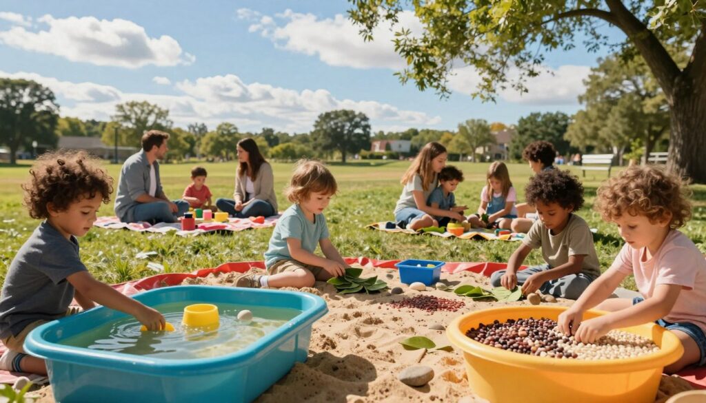 Children participating in outdoor sensory play activities with water tables, sandboxes, and nature materials in a sunny park environment.