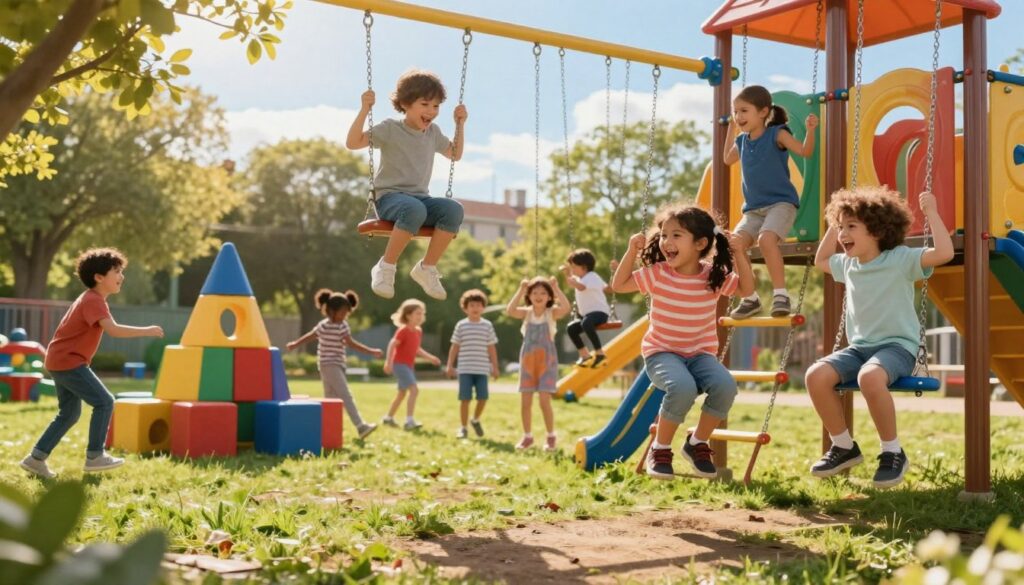 Outdoor Imaginative Play Activities for Children’s Physical Development Children climbing a colorful playground, swinging, running, and building with blocks during imaginative outdoor play that supports physical development