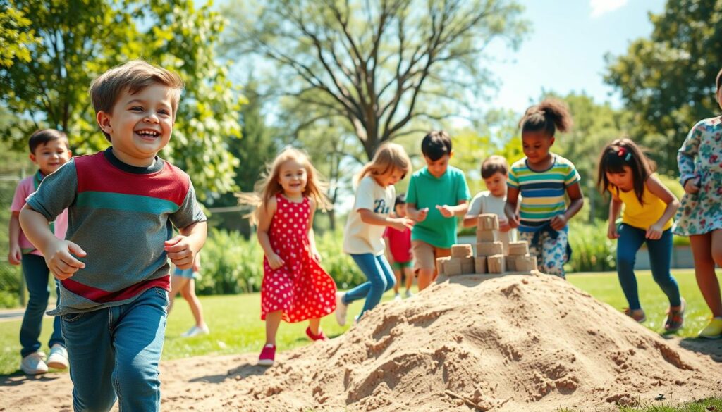 Children aged 5–8 playing tag and building a sandcastle together in a sunny playground surrounded by trees and blue sky.