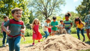 Children playing tag and building a sandcastle together on a sunny playground, developing social skills through physical play and teamwork.