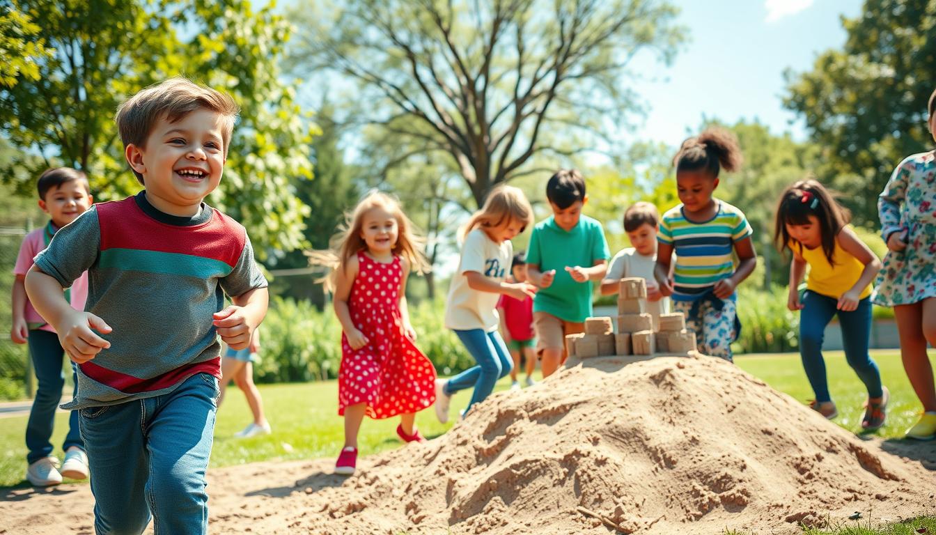 Children playing tag and building a sandcastle together on a sunny playground, developing social skills through physical play and teamwork.