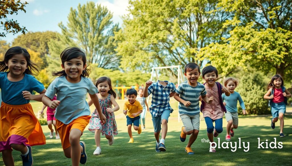 Children aged 5–8 playing tag, climbing a jungle gym, and swinging in a sunny playground with green trees and blue sky.