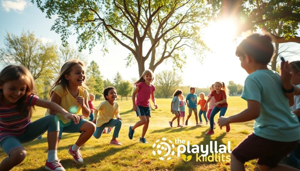 Children laughing and playing group outdoor games in a sunny park, showing joy, teamwork, and emotional wellbeing through physical activity.