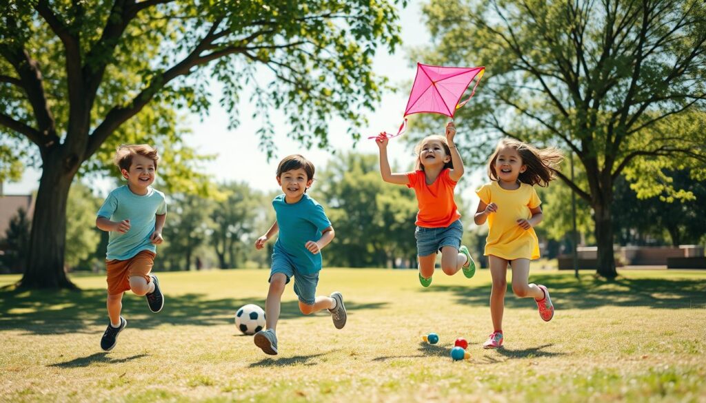 Children laughing, running, and playing actively in a sunny park with a kite, soccer ball, and jump ropes surrounded by green trees and blue skies.