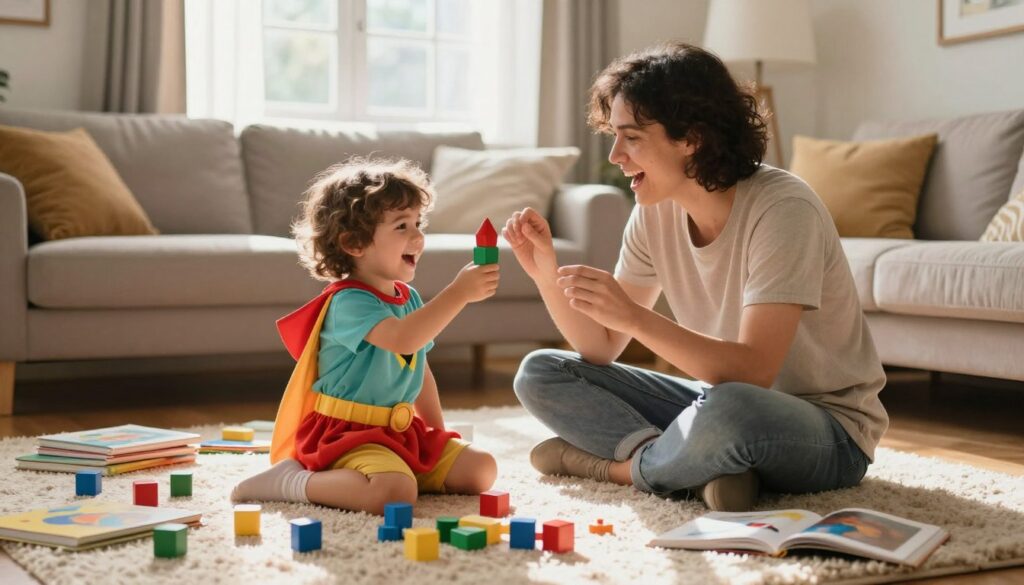 The Benefits of Imaginative Play for Parent-Child Bonding Parent and child enjoying imaginative play together in a cozy living room with costumes, toys, books, and art supplies