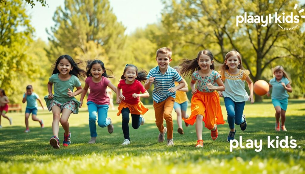 Children playing tag, jumping rope, and running in a sunny park while enjoying healthy outdoor physical activities.