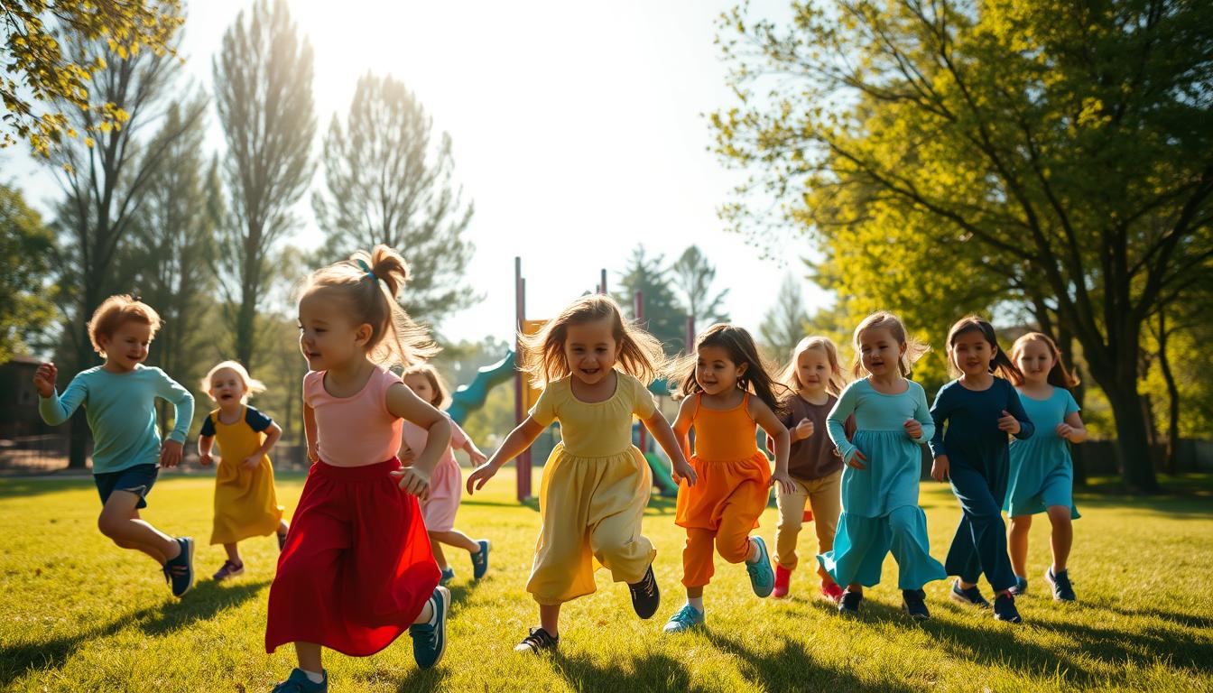 Children running and playing joyfully in a sunny park with green grass, promoting physical activity and healthy developmen