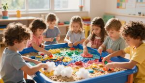 Preschool children exploring a colorful sensory bin activity to develop imagination, creativity, and cognitive skills through hands-on play.