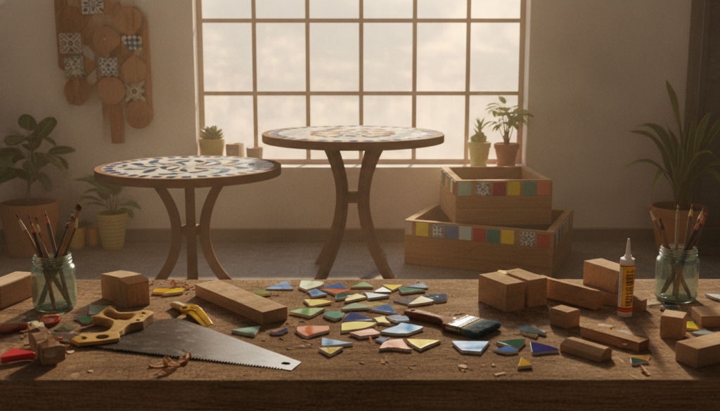 A beautifully arranged workspace showcasing creative building projects made from recycled wood and tile materials. In the foreground, a sturdy wooden table is cluttered with colorful, patterned tile pieces and various tools, including a saw, paintbrush, and glue. The middle ground features several completed projects, such as a decorative mosaic tabletop, a wooden garden planter, and a stylish wall art piece, each highlighting the texture of wood and the vibrancy of tile. In the background, a soft, natural light filters through a window, illuminating the workspace and casting warm shadows. The atmosphere is inviting and inspiring, encouraging creativity and environmental consciousness in crafting.