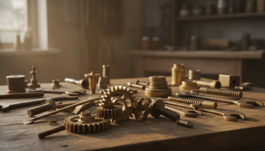 A collection of metal pieces and assorted hardware displayed creatively on a rustic wooden table. In the foreground, there are shiny gears, bolts, and twisted metal scraps, arranged artfully to form a dynamic composition. The middle layer features a variety of tools and metallic objects like washers, scrap metal rods, and vintage hardware, showcasing textures and shapes. The background is softly blurred, hinting at a workshop environment with ambient lighting that casts gentle shadows and highlights the metallic surfaces. Warm, natural light filters in from a nearby window, creating a welcoming and inspiring atmosphere. The overall mood is innovative and resourceful, inviting viewers to explore creative possibilities with repurposed materials.