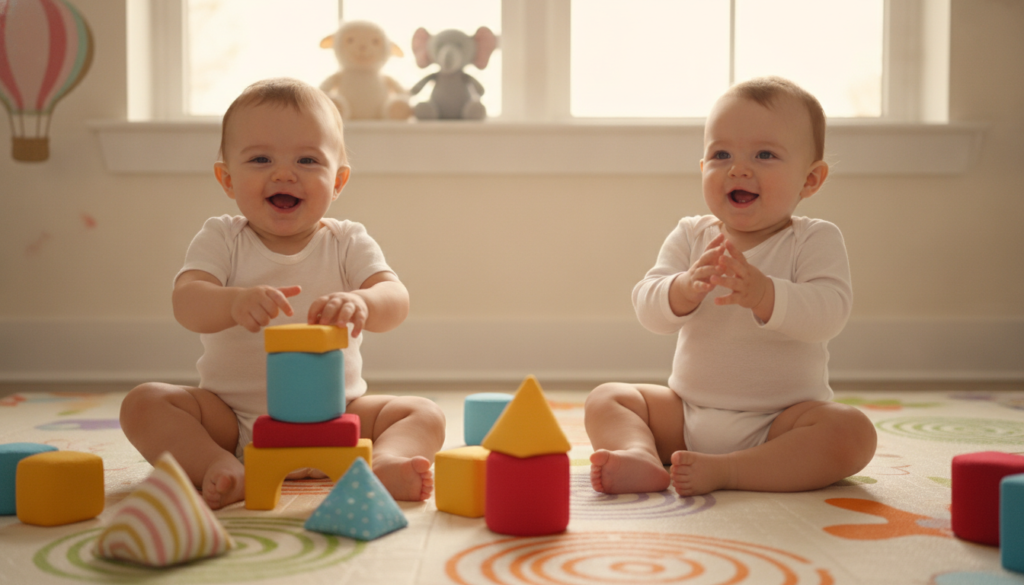 A cozy indoor setting featuring a soft, colorful play mat where two cheerful infants, dressed in simple onesies, are engaged in imaginative block play. In the foreground, the infants are stacking large, soft fabric blocks in vibrant colors such as red, blue, and yellow, with a focus on their expressions of delight and concentration. In the middle ground, a well-organized assortment of blocks is scattered around, emphasizing various shapes like triangles, squares, and cylinders. In the background, a warm, diffused light streams through a window, casting a soft glow that enhances the playful atmosphere. The room has a few plush toys and a gentle, pastel-colored wall decor, creating a nurturing and safe environment for infant development. The overall mood is joyful and inviting, perfect for promoting early childhood creativity. A cozy indoor setting featuring a soft, colorful play mat where two cheerful infants, dressed in simple onesies, are engaged in imaginative block play. In the foreground, the infants are stacking large, soft fabric blocks in vibrant colors such as red, blue, and yellow, with a focus on their expressions of delight and concentration. In the middle ground, a well-organized assortment of blocks is scattered around, emphasizing various shapes like triangles, squares, and cylinders. In the background, a warm, diffused light streams through a window, casting a soft glow that enhances the playful atmosphere. The room has a few plush toys and a gentle, pastel-colored wall decor, creating a nurturing and safe environment for infant development. The overall mood is joyful and inviting, perfect for promoting early childhood creativity.
